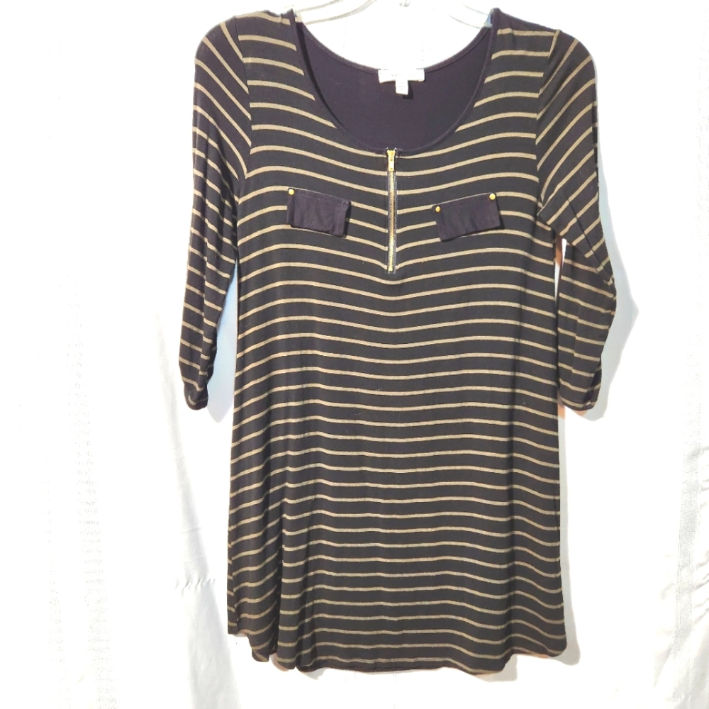 CLUB SODA  BLACK/ GREEN STRIPED CASUAL DRESS MEDIUM